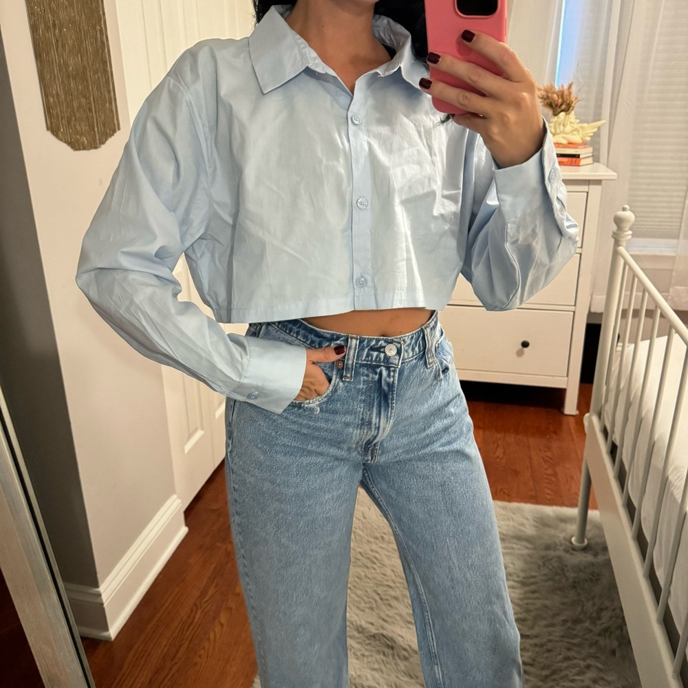 COTTON CROP SHIRT button down blue